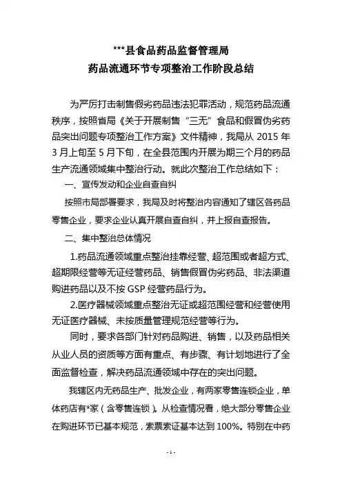 药品流通领域专项整治工作总结