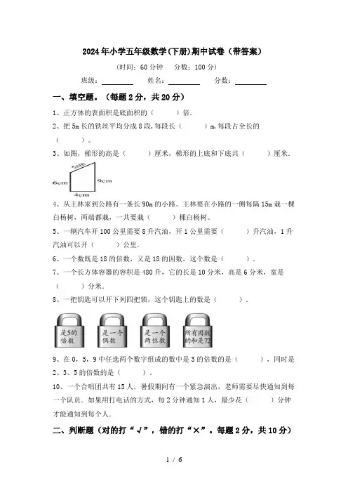 2024年小学五年级数学(下册)期中试卷(带答案)