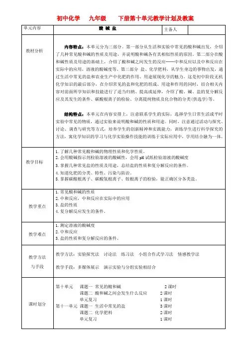 九年级化学下册 第十单元教学计划及教案 人教新课标版