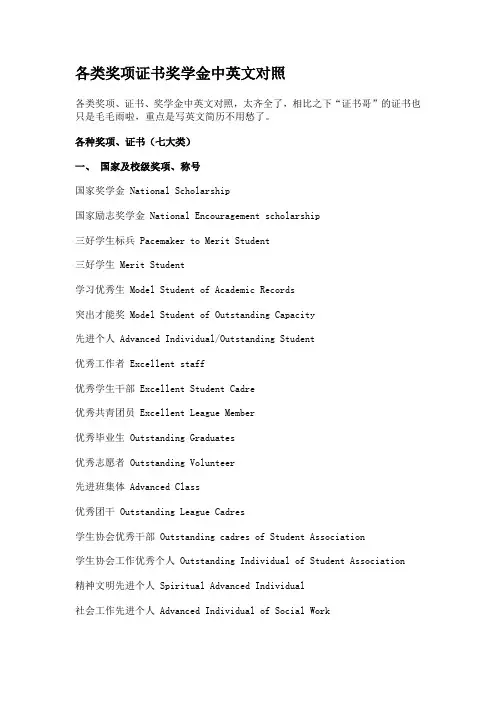 各类奖项证书奖学金中英文对照