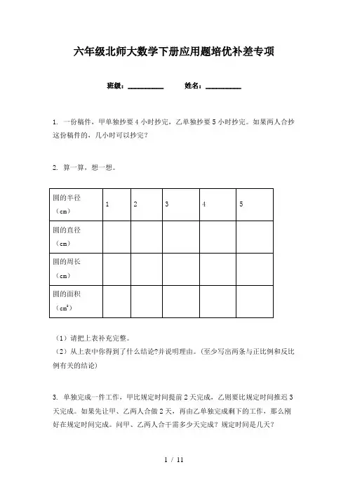 六年级北师大数学下册应用题培优补差专项