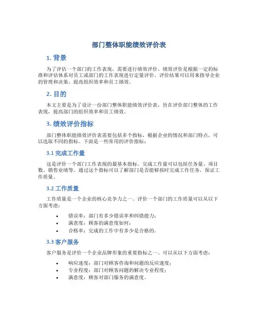 部门整体职能绩效评价表