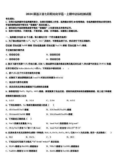 2024届浙江省七彩阳光化学高一上期中达标检测试题含解析