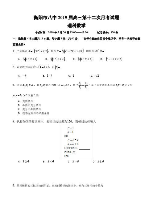  湖南省衡阳市第八中学2019届高三第12次月考试题(5月)数学(理)含答案