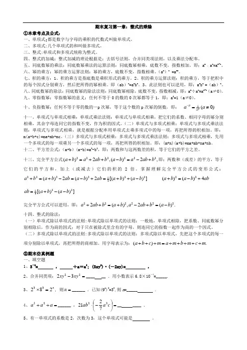 北师大版七年级数学下册期末复习：第一单元 整式的乘除