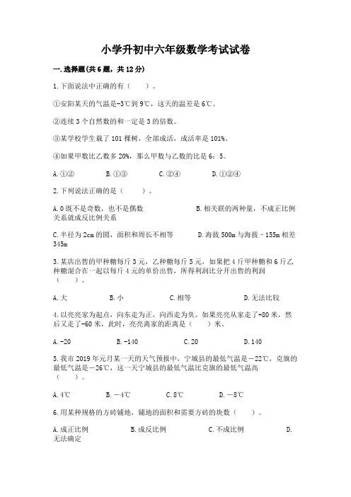 小学升初中六年级数学考试试卷及参考答案(黄金题型)