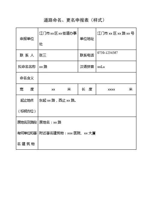 道路命名、更名申报表(样式)