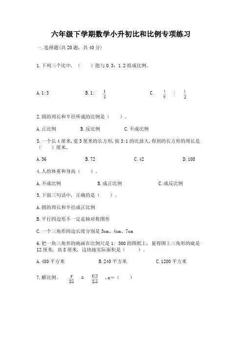 六年级下学期数学小升初比和比例专项练习及答案(各地真题)
