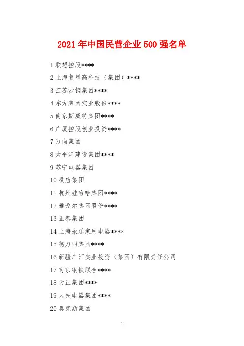 2021年中国民营企业500强名单