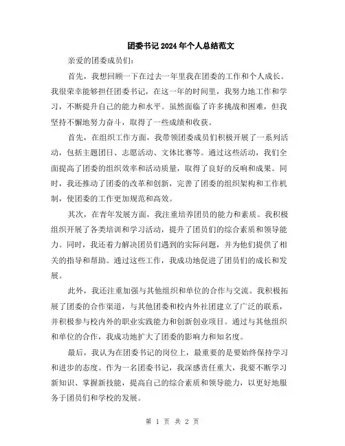 团委书记2024年个人总结范文