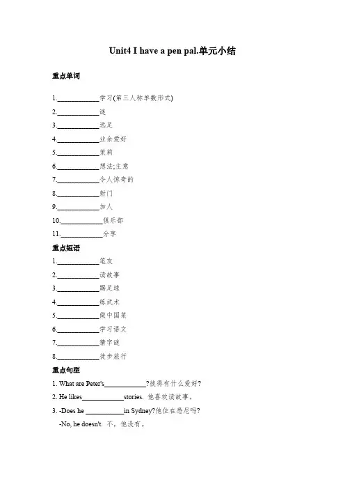 人教PEP版英语【词汇句式语法】六年级上册单元知识点归纳总结-Unit4Ihaveapenpa含答案