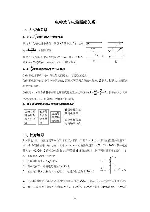 2023高考物理专题冲刺训练--电场能的性质(二)--电势差与电场强度关系