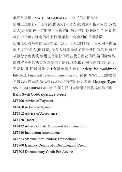 SWIFT MT700MT701格式信用证综述