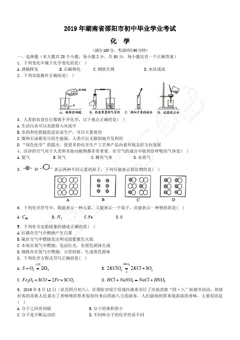 2019年湖南省邵阳市中考化学试题(含解析)