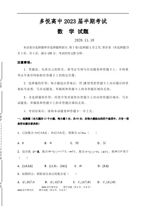 四川省眉山市东坡区多悦高级中学校2020-2021学年高一上学期期中考试数学试题 Word版含答案