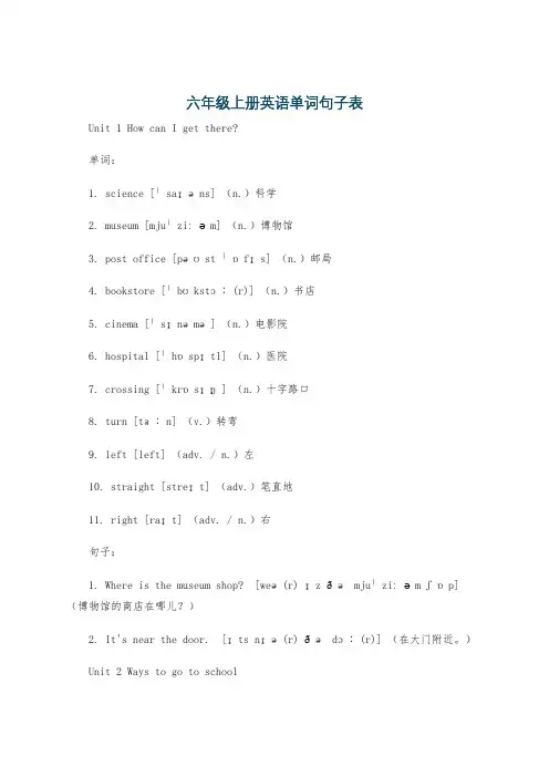 六年级上册英语单词句子表
