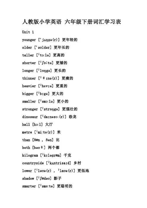 人教版小学英语六年级下册英语单词表