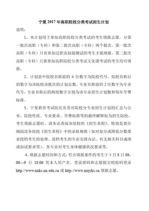 宁夏2017年高职院校分类考试招生计划说明
