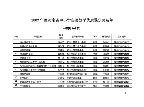 2009年度河南省中小学实验教学优质课获奖名单