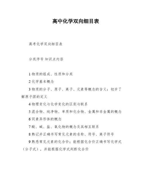 高中化学双向细目表
