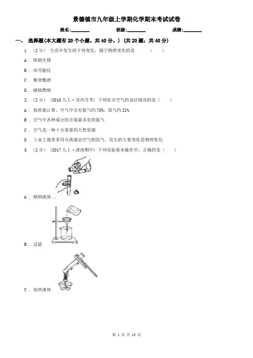 景德镇市九年级上学期化学期末考试试卷