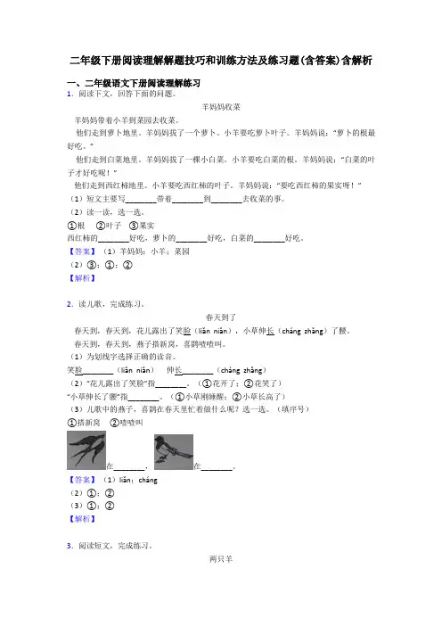 二年级二年级下册阅读理解解题技巧和训练方法及练习题(含答案)含解析