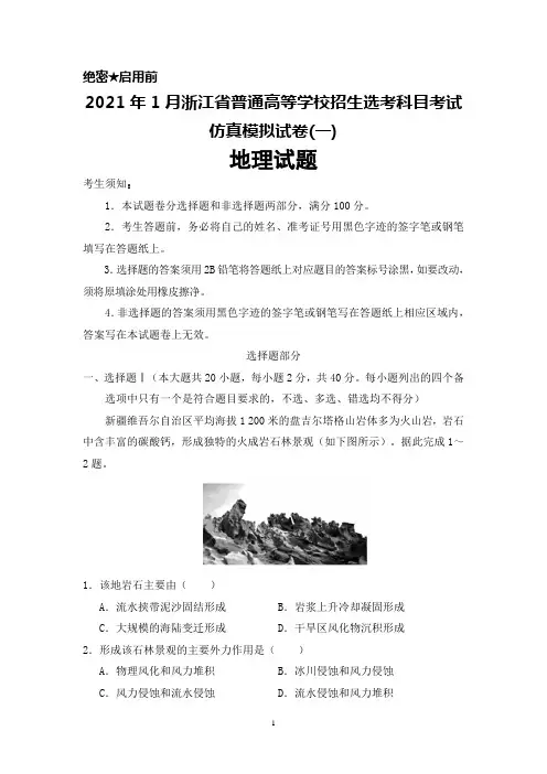 2021年1月浙江省普通高等学校招生选考科目考试仿真模拟卷(一)地理试题