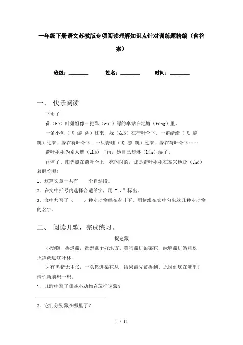 一年级下册语文苏教版专项阅读理解知识点针对训练题精编(含答案)