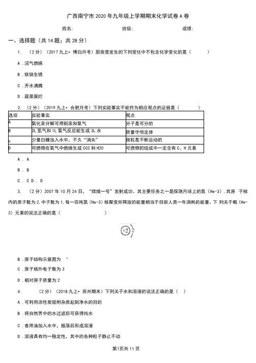 广西南宁市2020年九年级上学期期末化学试卷A卷