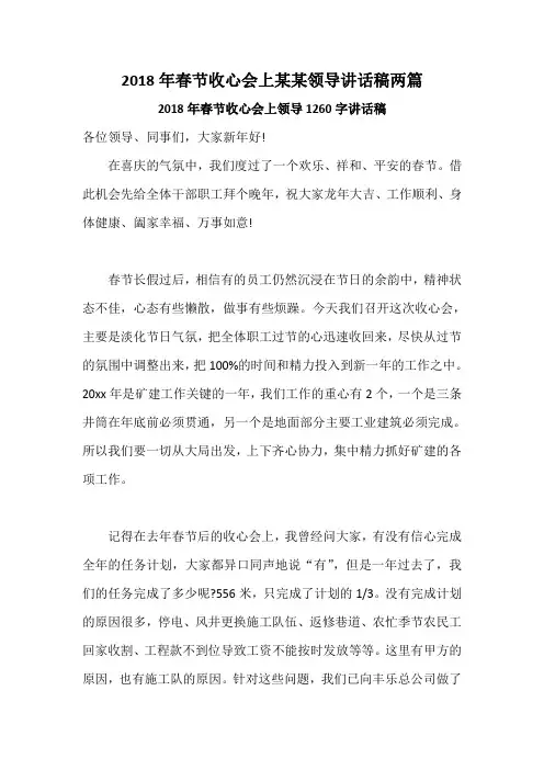 2018年春节收心会上某某领导讲话稿两篇