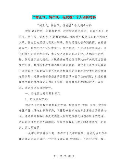 “树正气、转作风、促发展”个人剖析材料