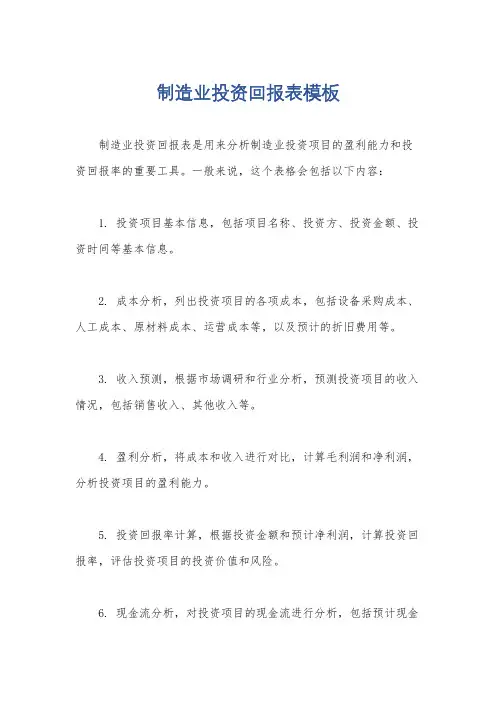 制造业投资回报表模板