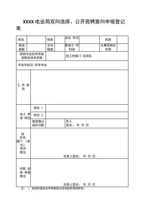 应聘双向选择意向表