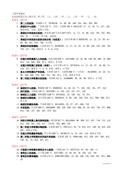 上海二三级甲级医院名录
