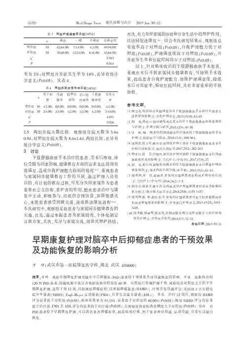 早期康复护理对脑卒中后抑郁症患者的干预效果及功能恢复的影响分析