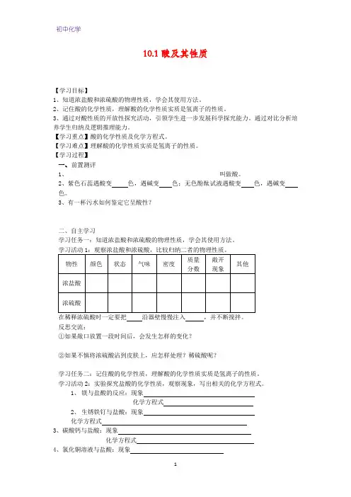 初中化学学案2：10.1 酸及其性质