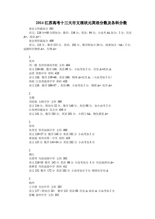 2014江苏高考十三大市文理状元英语分数及各科分数