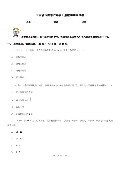 云南省玉溪市六年级上册数学期末试卷
