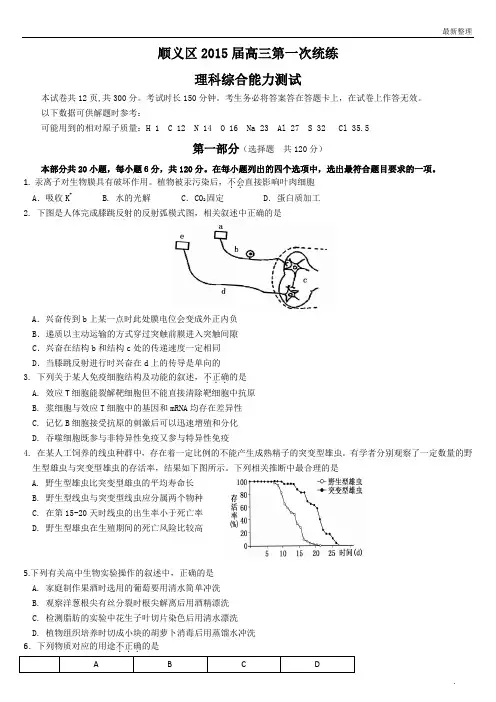 2015北京顺义高三一模理综试题及答案