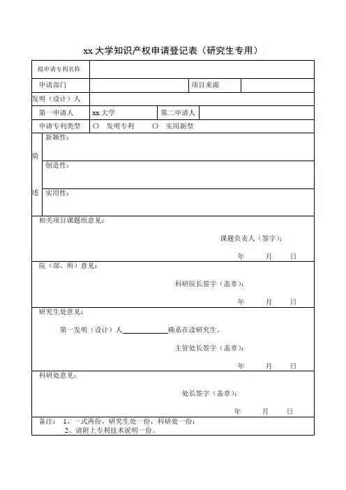 xx大学知识产权申请登记表(研究生专用)