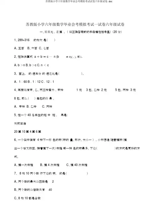 苏教版小学六年级数学毕业会考模拟考试试卷六年级试卷.doc