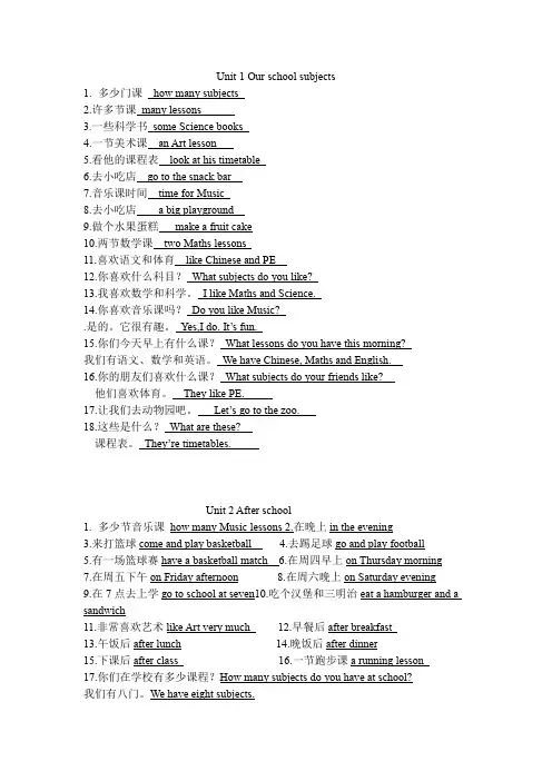 译林版小学英语四下重点词汇句型归纳