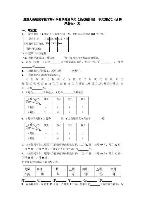 最新人教版三年级下册小学数学第三单元《复式统计表》 单元测试卷(含答案解析)(1)