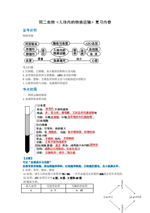 初二生物《人体内的物质运输》复习内容