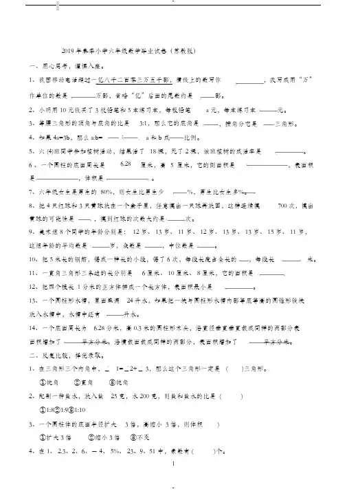 2019年小学六年级小升初数学毕业模拟试卷附参考答案