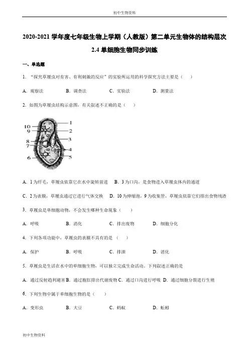2020-2021学年度七年级生物上学期(人教版) 2.2.4单细胞生物同步训练
