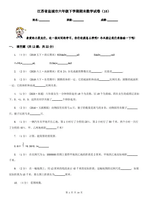 江苏省盐城市六年级下学期期末数学试卷(10)