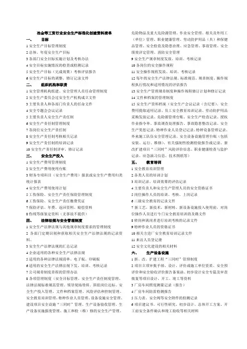 冶金等工贸行业安全生产标准化创建资料清单