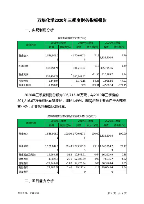 万华化学2020年三季度财务指标报告