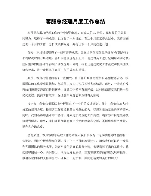 客服总经理月度工作总结